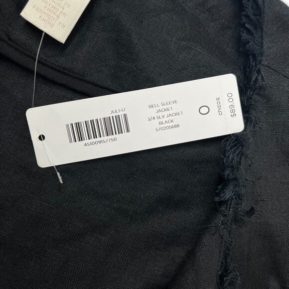 Chico's 100% Linen Black Bell Sleeve Open Jacket Fringe Trim Sz 0 US Sz S/4 NWT - Picture 7 of 10